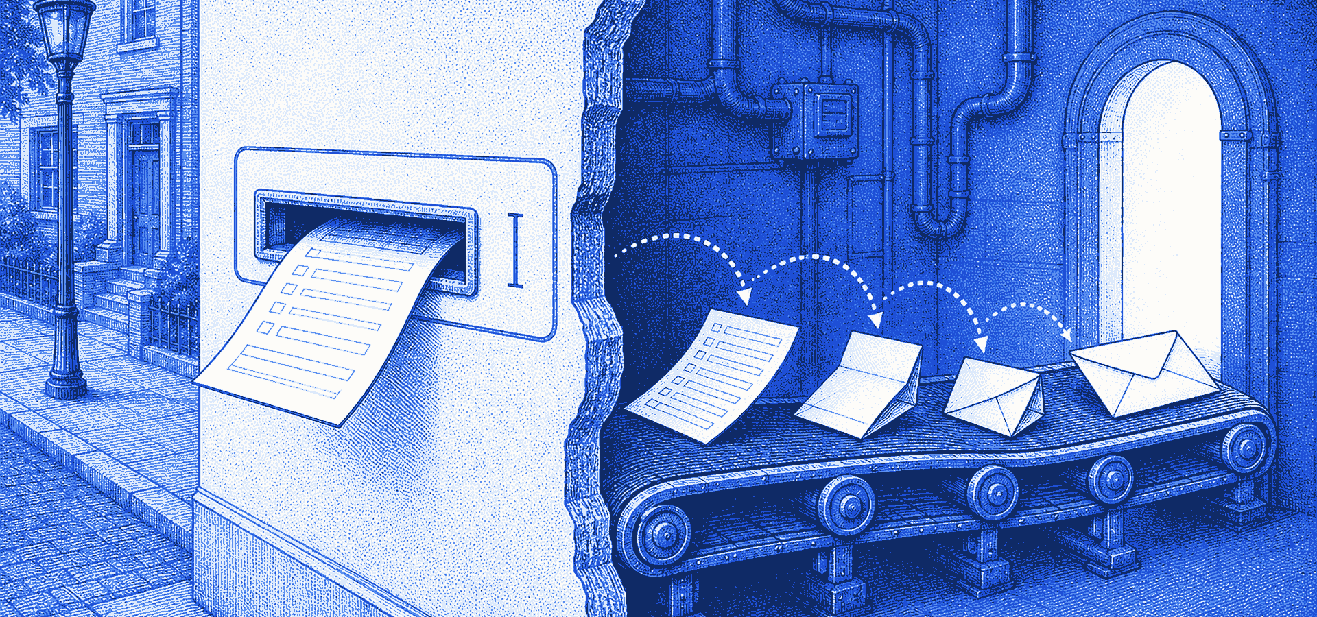 Halftone illustration: a street-side wall slot drafted like a form input; behind the wall, the dropped page folds itself into an envelope on a conveyor toward a glowing doorway