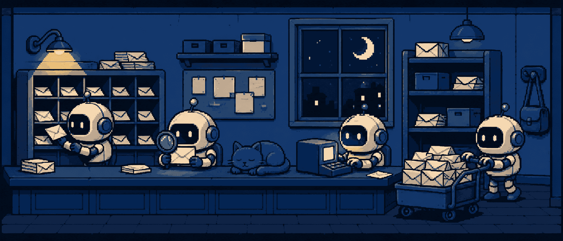 Pixel-art strip: small robots running the night shift at a tiny post office — sorting, reading and answering mail while a cat sleeps on the counter