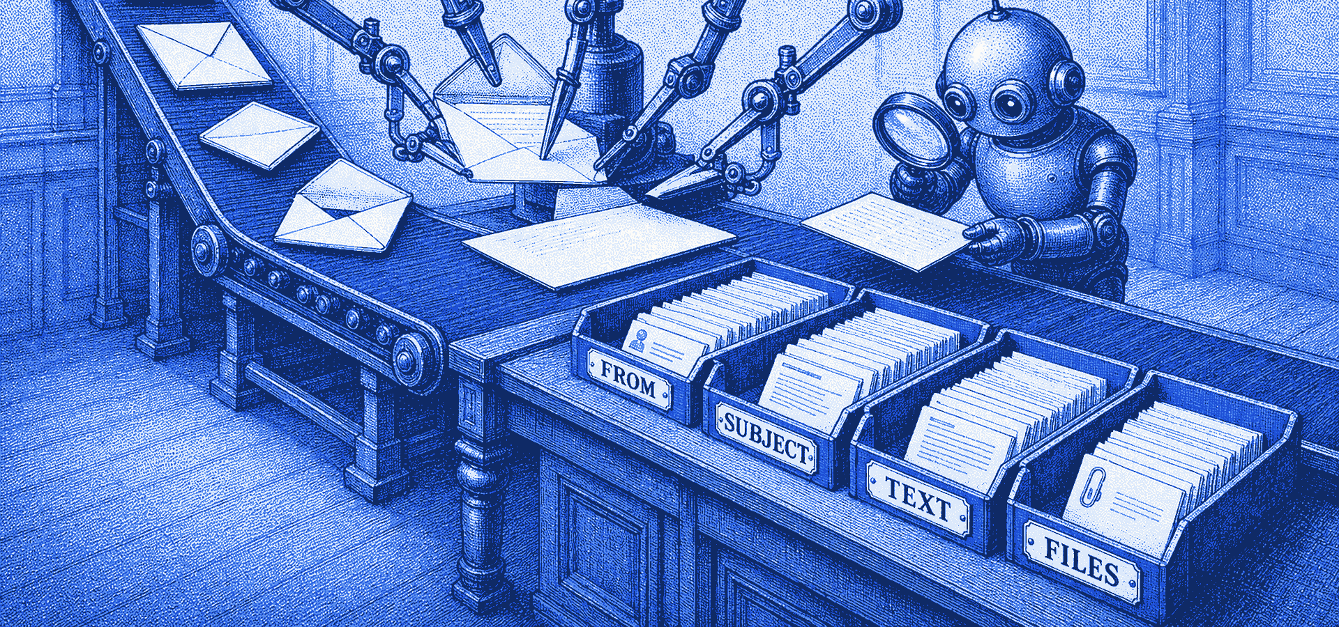 Halftone illustration: envelopes drop through a wall slot onto a conveyor where a drafting instrument unfolds each one flat into labelled sorting trays — FROM, SUBJECT, TEXT, FILES — while a small robot inspects a card