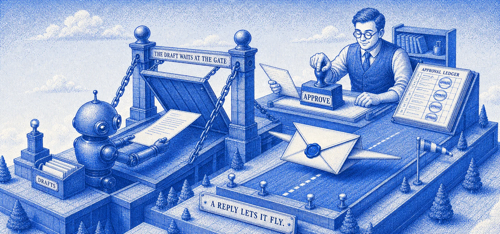 Blue duotone engraving: a robot clerk sliding a finished letter up to a drawbridge gate that stays raised; a human at a desk on the far side reads a copy and stamps 'APPROVE', and only then does the gate lower to let the sealed envelope-plane take off — a ledger beside the desk logging each stamp.