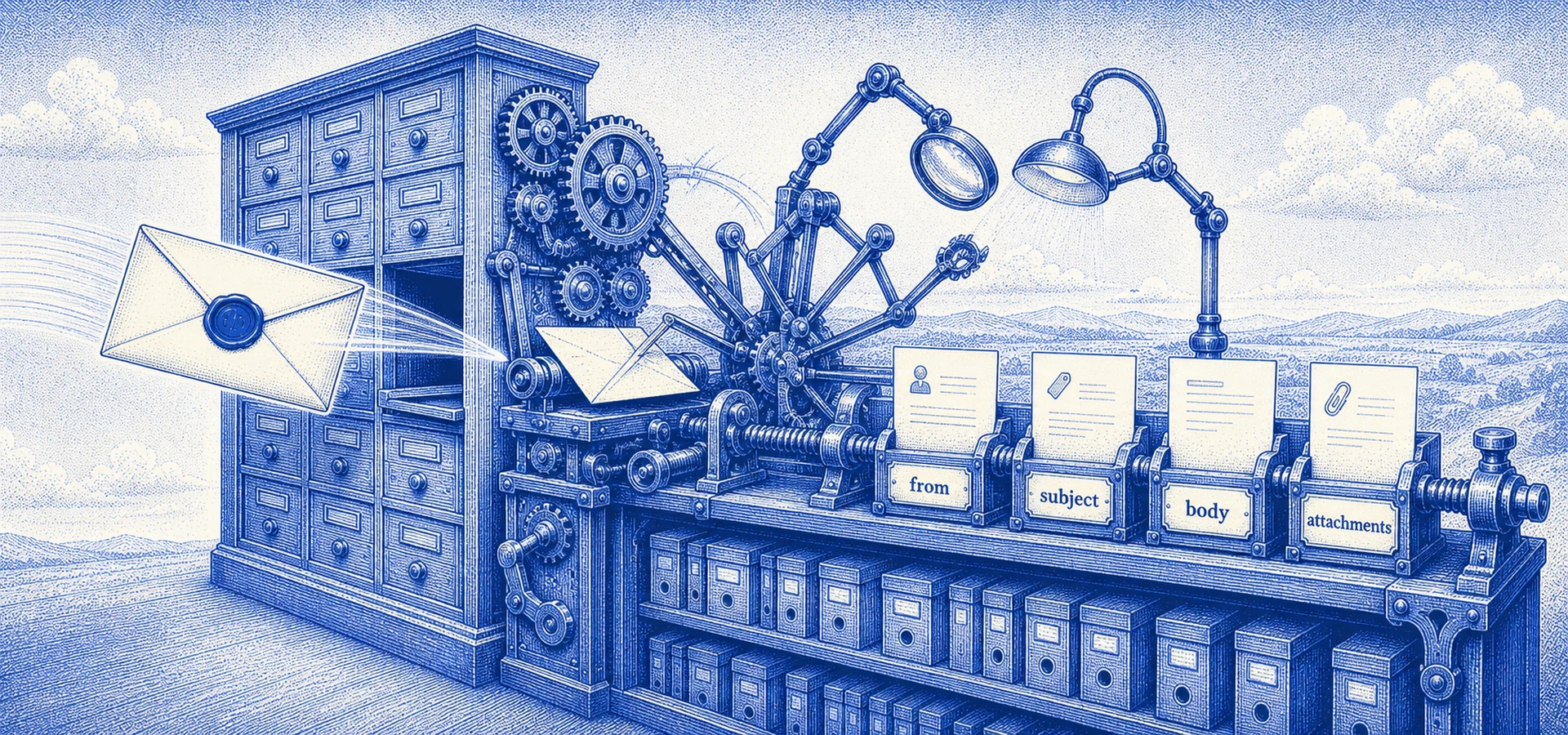 Blue duotone engraving: an incoming letter arriving at an open wall of labelled letterboxes, then passing through a tidy sorting mechanism that fans it out into neat labelled JSON cards — from, subject, body, attachments — each filed onto a threaded rail, an archive shelf behind it.