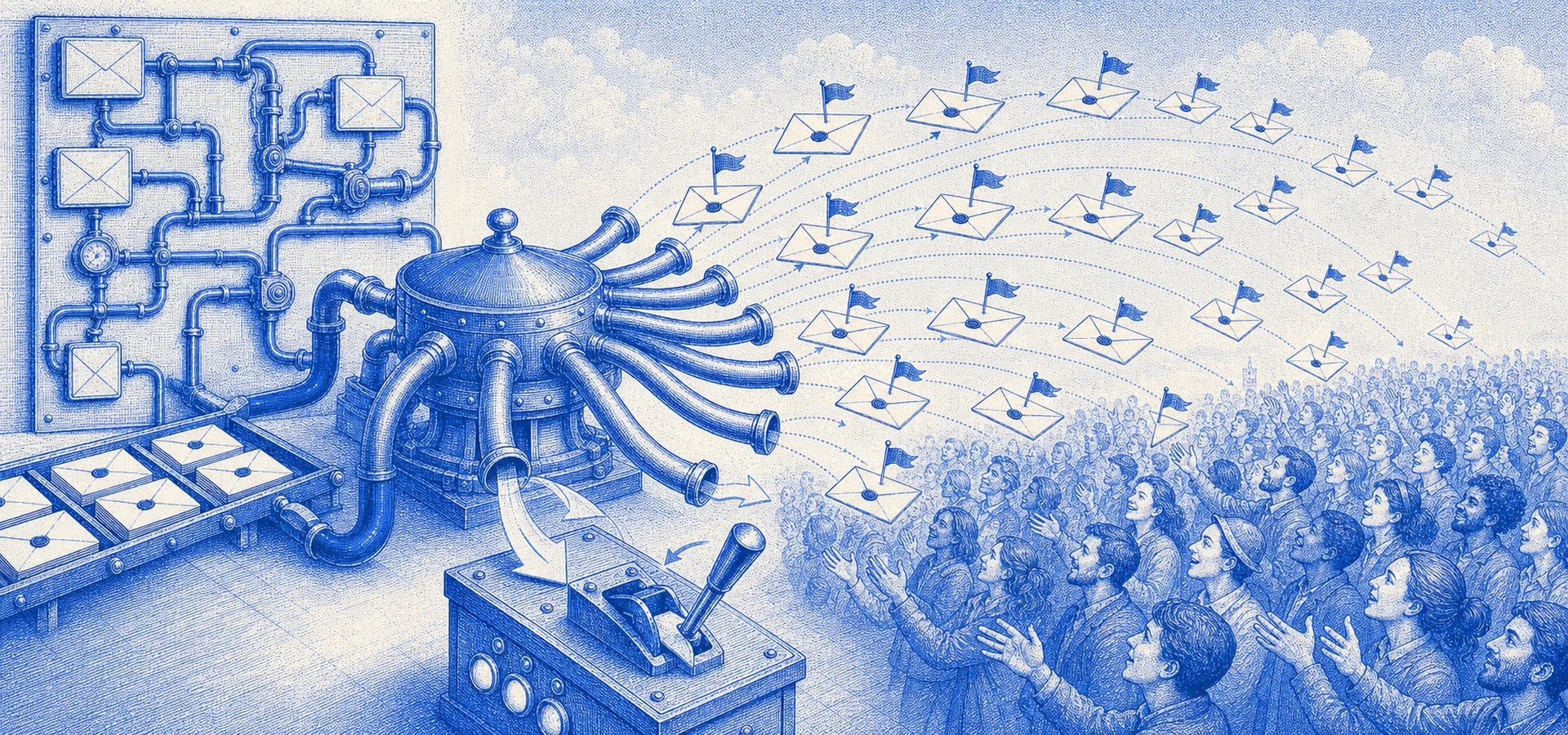 Blue duotone engraving: a flat-rate dispatch manifold fanning letters out to a large audience with no turnstile counting heads, beside a wall-mounted flowchart of pneumatic tubes where an inbound reply flips a switch to branch the journey — a small consent flag on each outgoing letter.